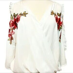 Charlotte Russe Floral Blouse Embroidered V-neck Flowy White Red Green Top MED